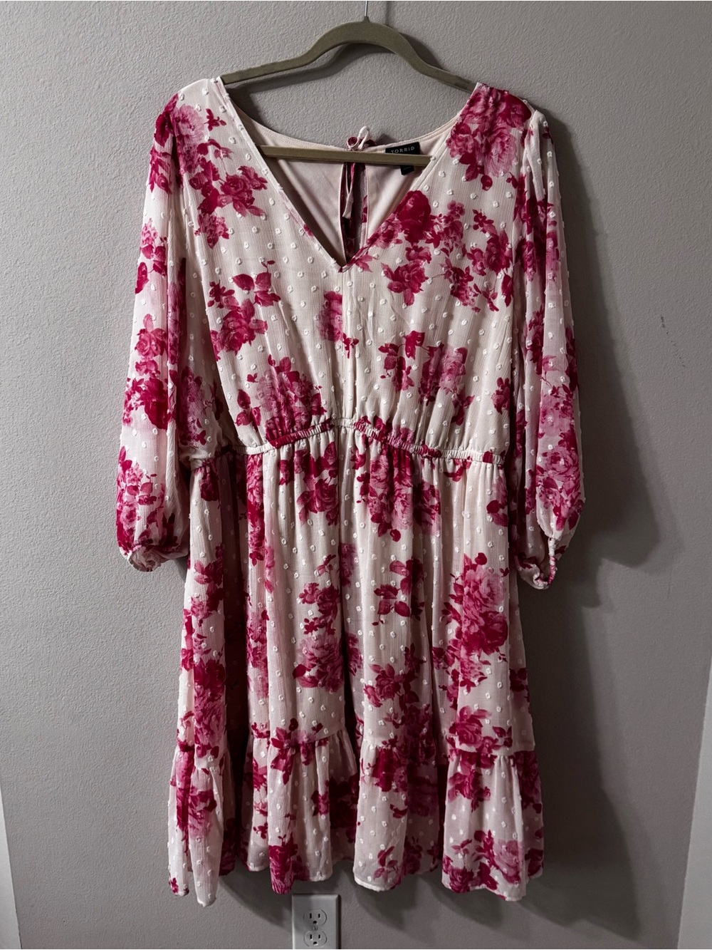 TORRID Cream Swiss Dot Dress with Pink Floral Print